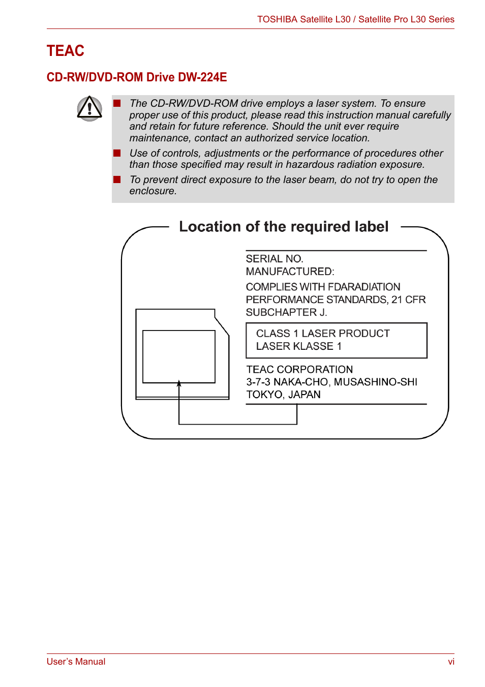 Teac, Cd-rw/dvd-rom drive dw-224e | Toshiba Satellite L30 (PSL33) User Manual | Page 6 / 165