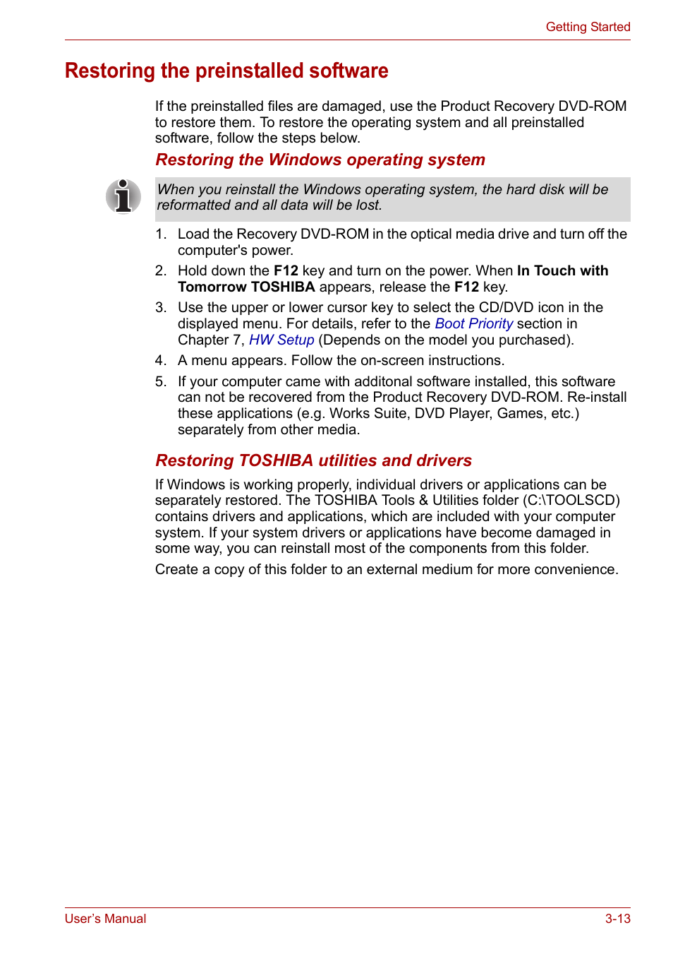 Restoring the preinstalled software, Restoring the preinstalled software -13 | Toshiba Satellite L30 (PSL33) User Manual | Page 62 / 165