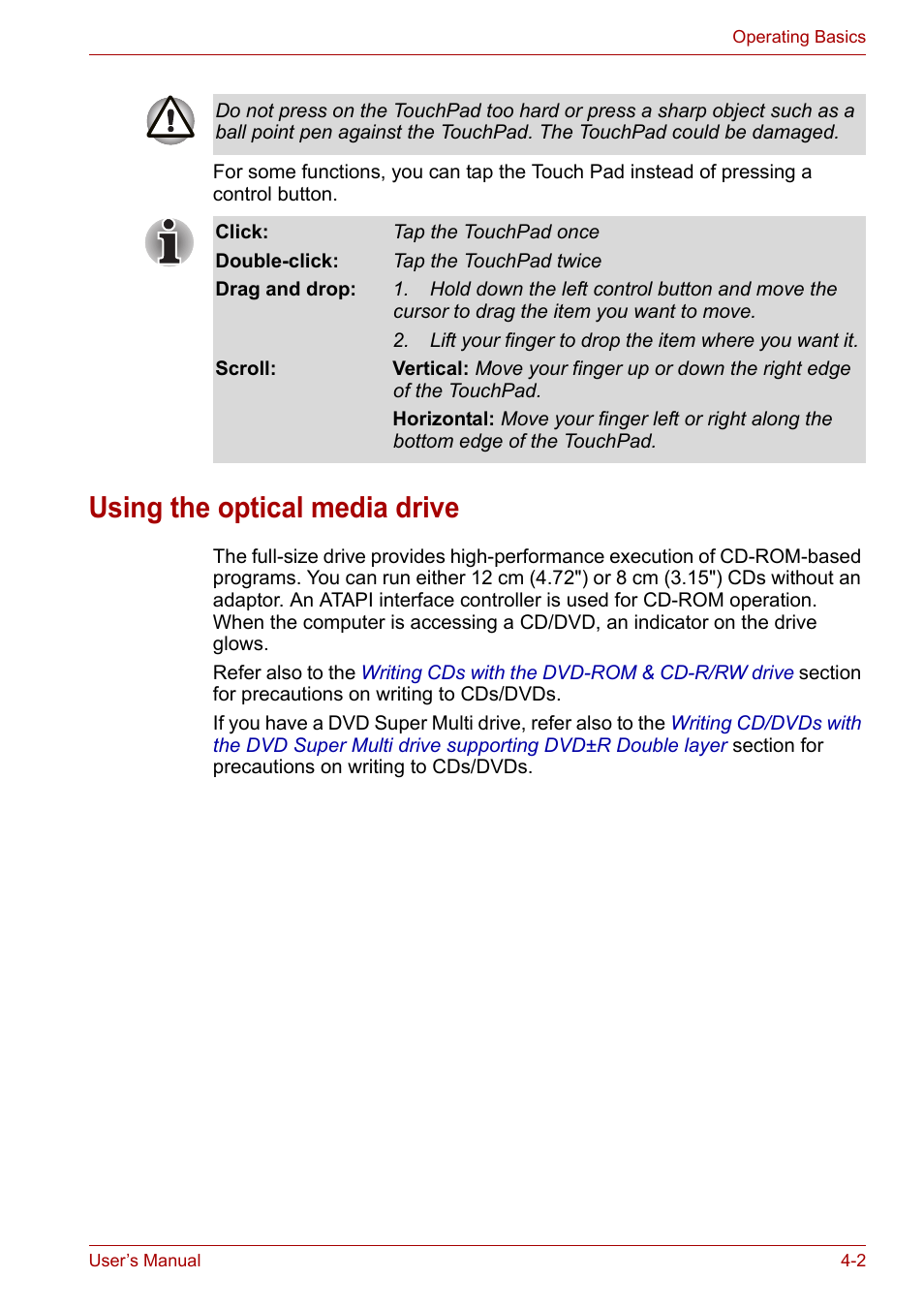 Using the optical media drive, Using the optical media drive -2 | Toshiba Satellite L30 (PSL33) User Manual | Page 64 / 165