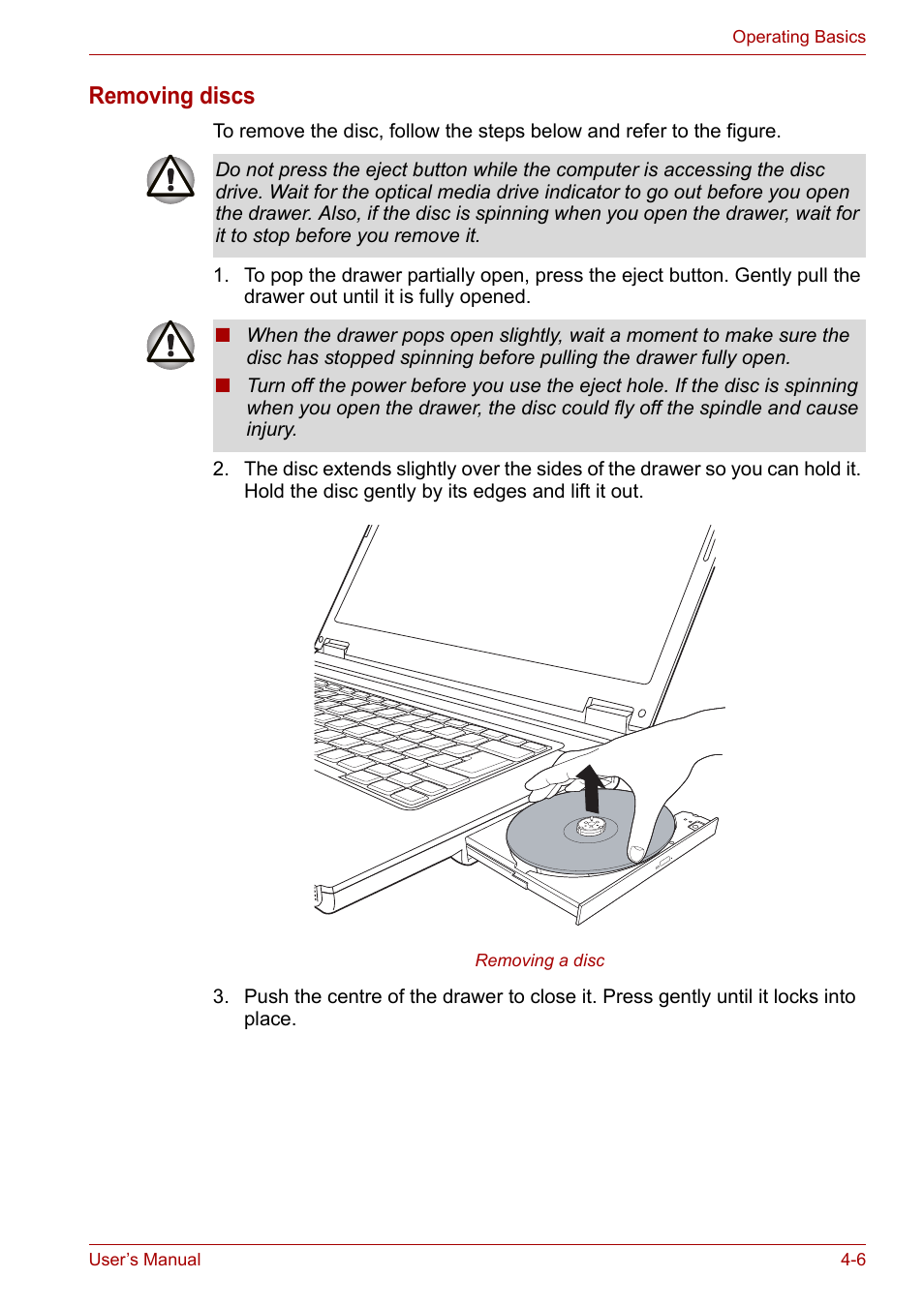 Removing discs | Toshiba Satellite L30 (PSL33) User Manual | Page 68 / 165