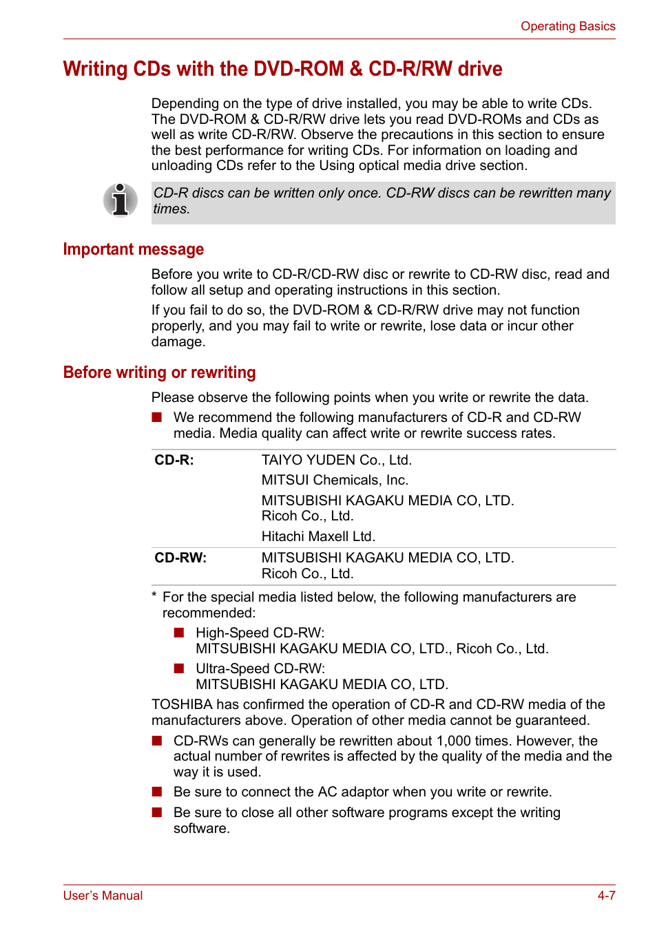 Writing cds with the dvd-rom & cd-r/rw drive, Writing cds with the dvd-rom & cd-r/rw drive -7, To the | Section, Important message, Before writing or rewriting | Toshiba Satellite L30 (PSL33) User Manual | Page 69 / 165