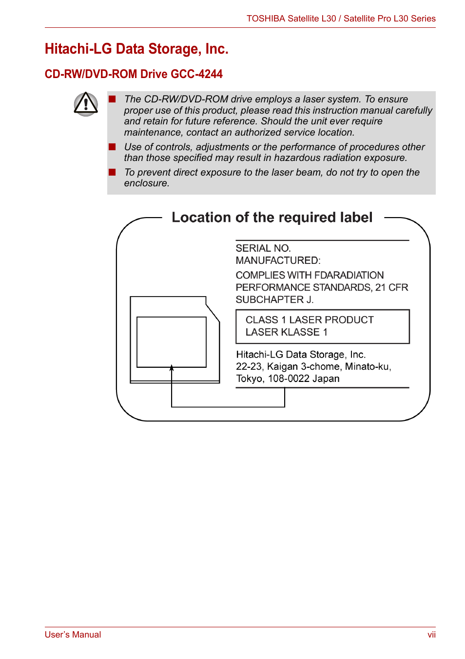 Hitachi-lg data storage, inc, Cd-rw/dvd-rom drive gcc-4244 | Toshiba Satellite L30 (PSL33) User Manual | Page 7 / 165