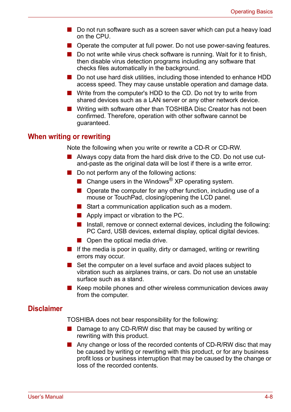 When writing or rewriting, Disclaimer | Toshiba Satellite L30 (PSL33) User Manual | Page 70 / 165