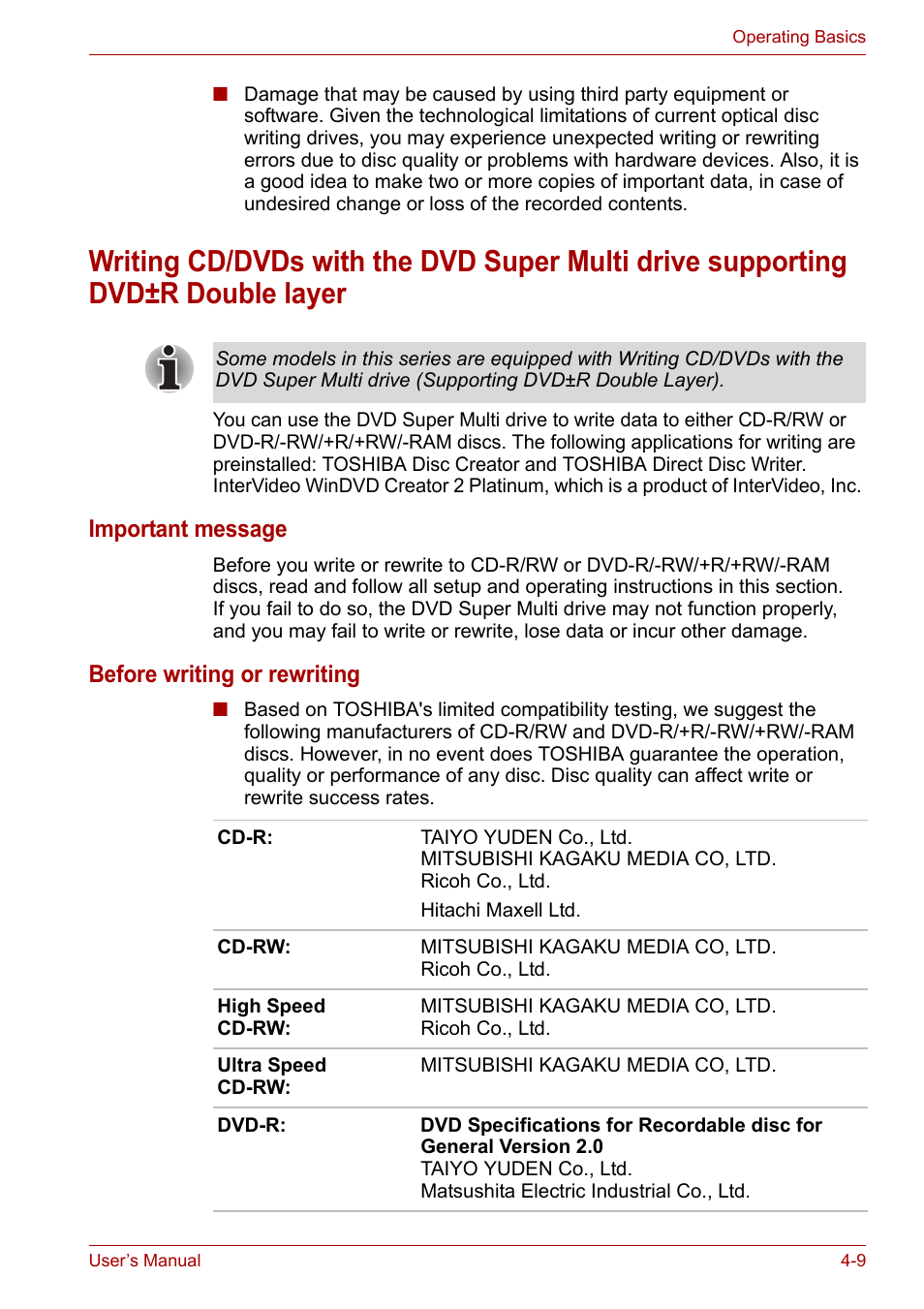 Writing cd/dvds with, Section for, Important message | Before writing or rewriting | Toshiba Satellite L30 (PSL33) User Manual | Page 71 / 165