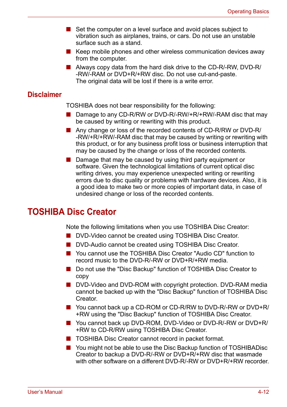 Toshiba disc creator, Toshiba disc creator -12, Disclaimer | Toshiba Satellite L30 (PSL33) User Manual | Page 74 / 165