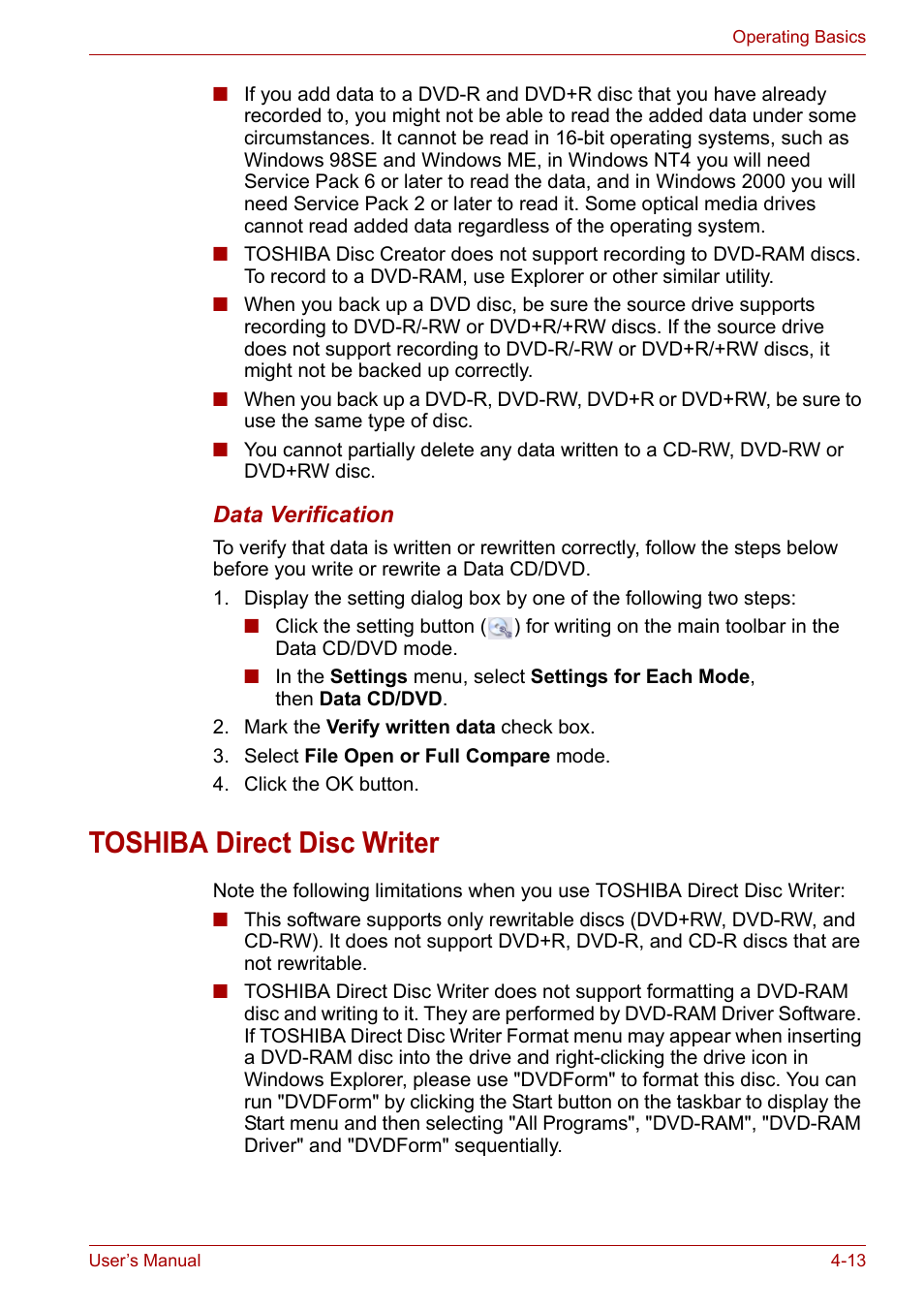 Toshiba direct disc writer, Toshiba direct disc writer -13 | Toshiba Satellite L30 (PSL33) User Manual | Page 75 / 165