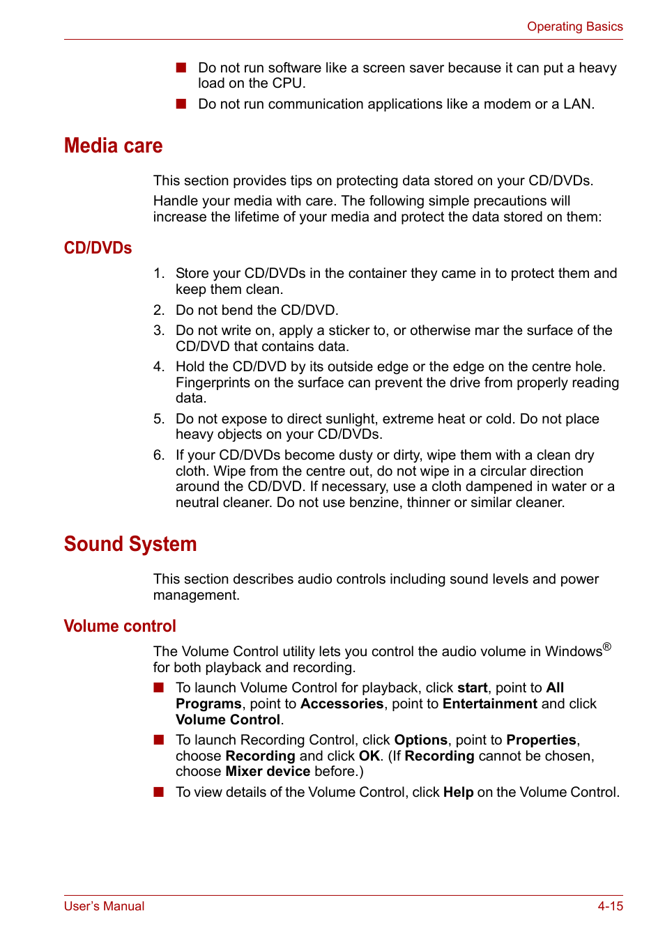 Media care, Sound system, Media care -15 sound system -15 | Cd/dvds, Volume control | Toshiba Satellite L30 (PSL33) User Manual | Page 77 / 165