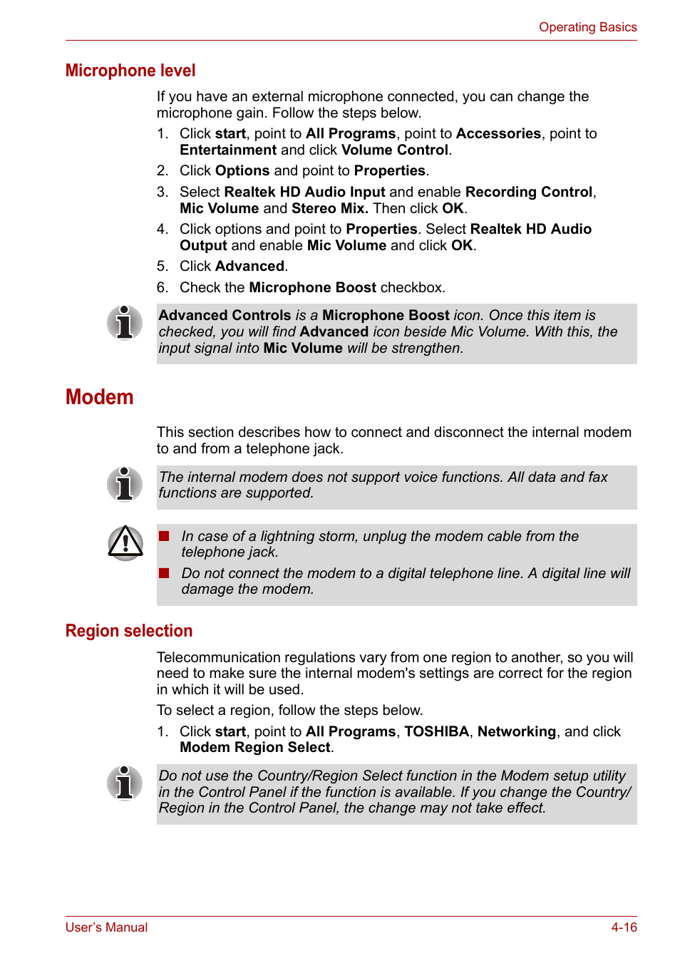 Modem, Modem -16, Microphone level | Region selection | Toshiba Satellite L30 (PSL33) User Manual | Page 78 / 165