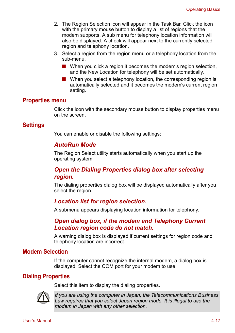 Properties menu, Settings, Modem selection | Dialing properties | Toshiba Satellite L30 (PSL33) User Manual | Page 79 / 165