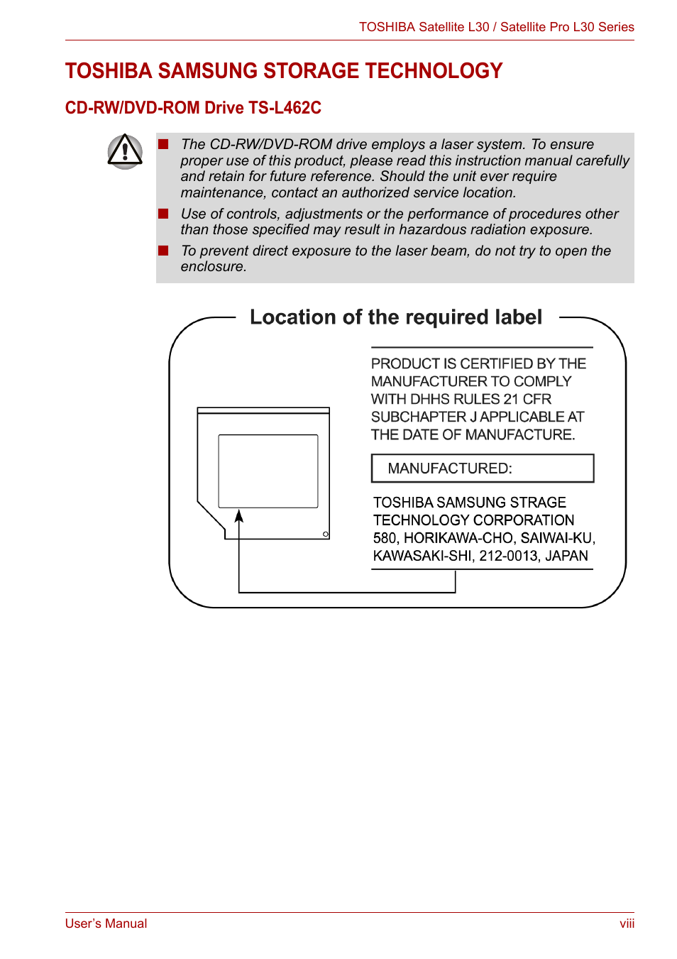 Toshiba samsung storage technology, Cd-rw/dvd-rom drive ts-l462c | Toshiba Satellite L30 (PSL33) User Manual | Page 8 / 165