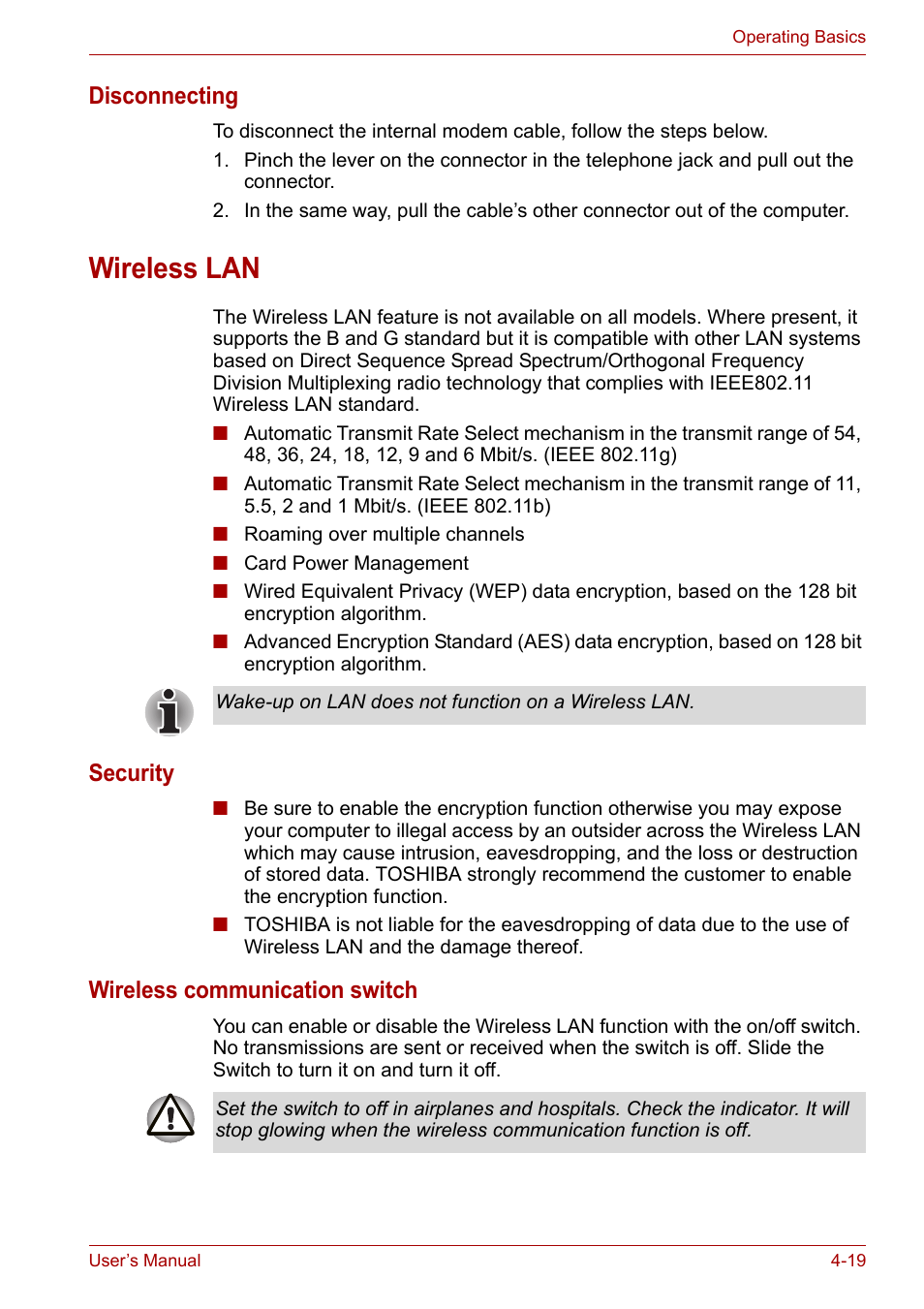 Wireless lan, Wireless lan -19, Disconnecting | Security, Wireless communication switch | Toshiba Satellite L30 (PSL33) User Manual | Page 81 / 165