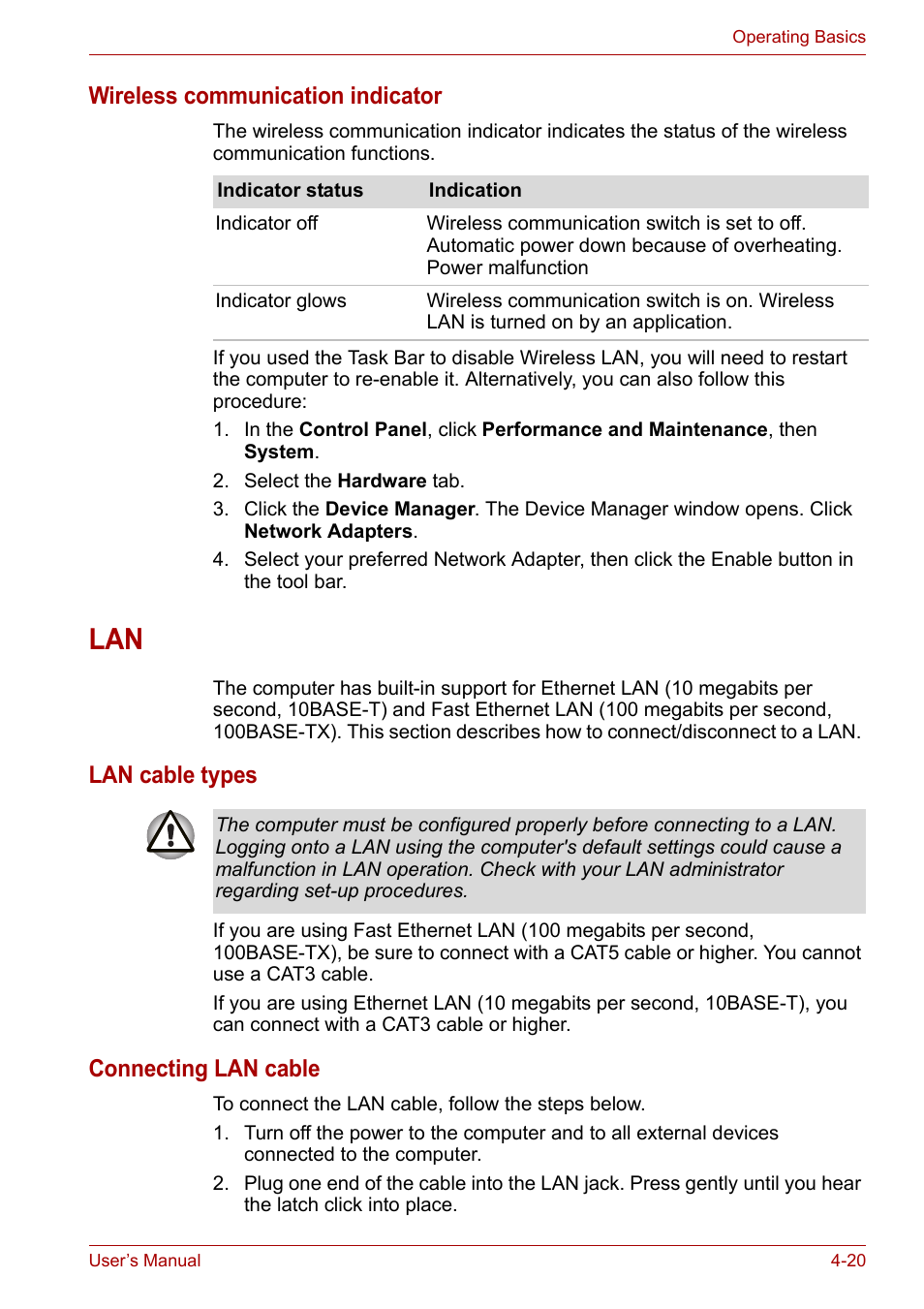 Lan -20, Wireless communication indicator, Lan cable types | Connecting lan cable | Toshiba Satellite L30 (PSL33) User Manual | Page 82 / 165