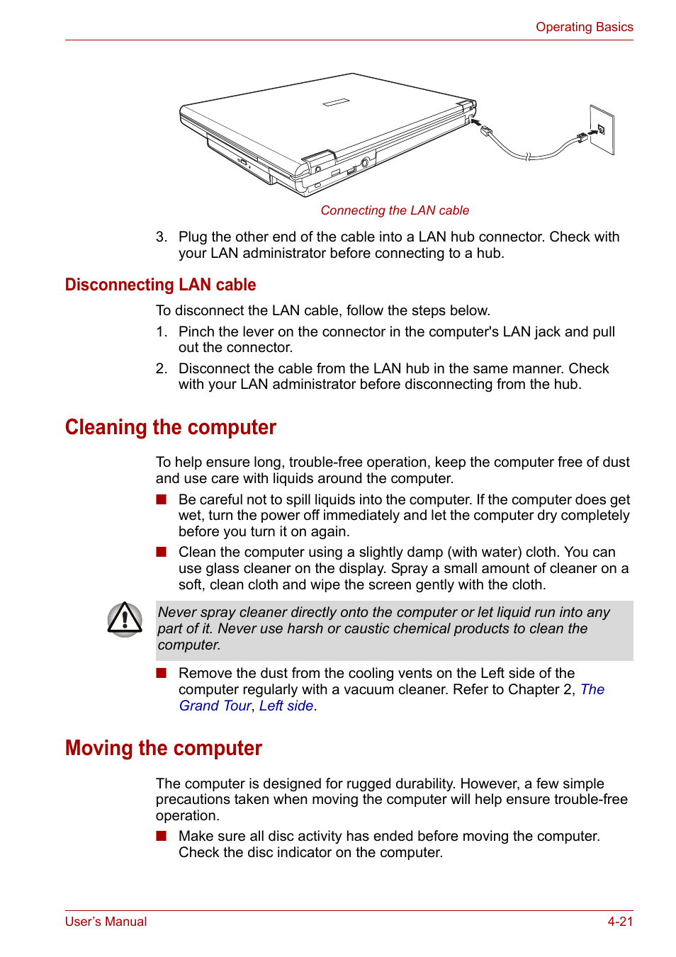 Cleaning the computer, Moving the computer, Cleaning the computer -21 moving the computer -21 | Disconnecting lan cable | Toshiba Satellite L30 (PSL33) User Manual | Page 83 / 165