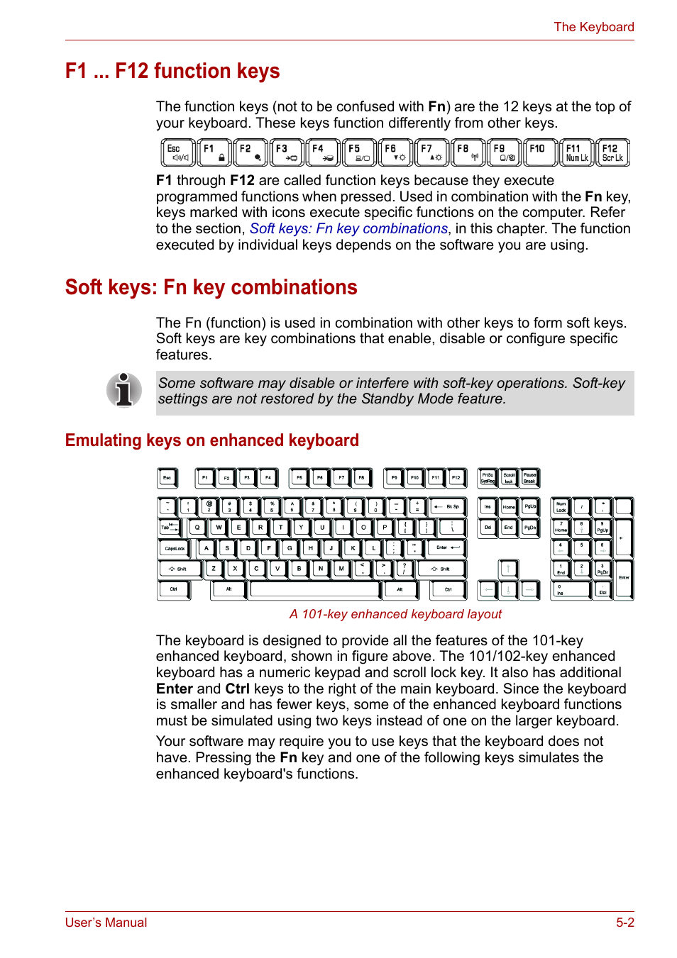 F1 ... f12 function keys, Soft keys: fn key combinations | Toshiba Satellite L30 (PSL33) User Manual | Page 86 / 165