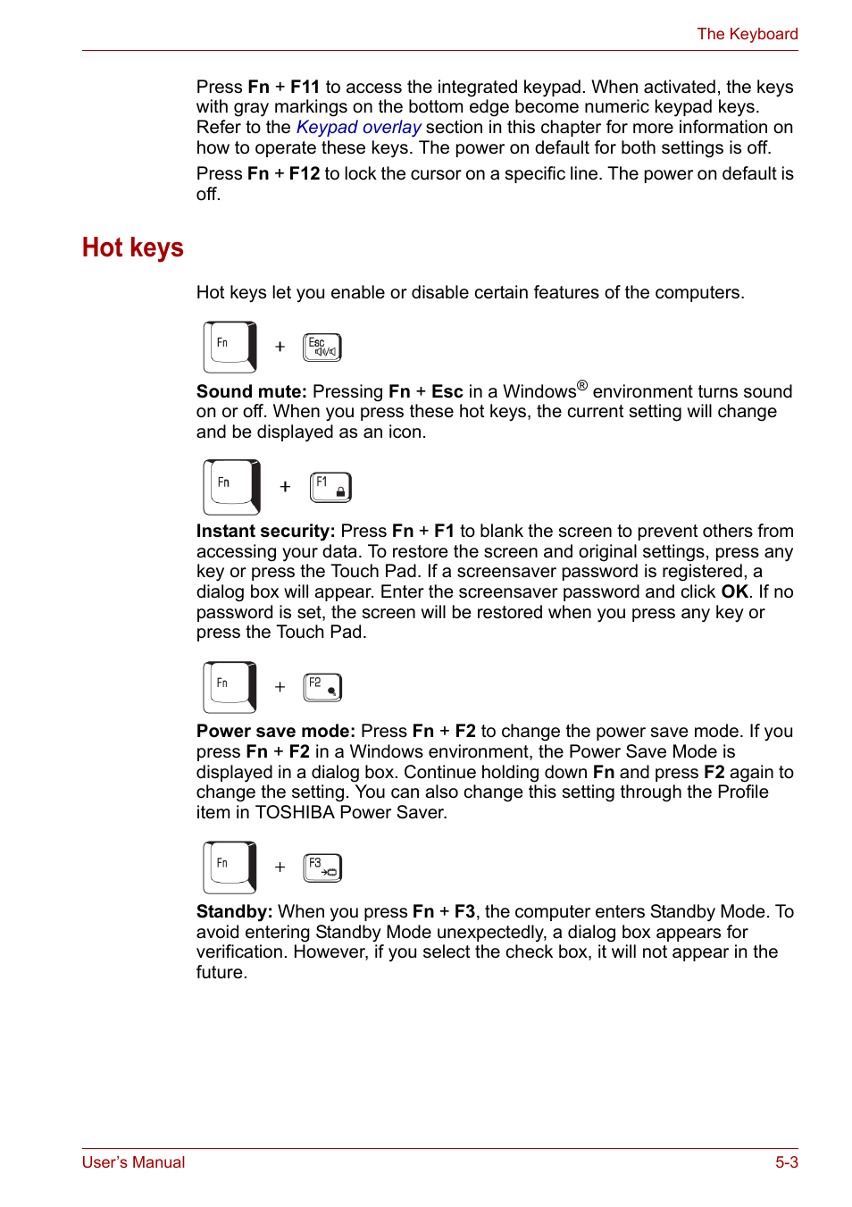 Hot keys, Hot keys -3 | Toshiba Satellite L30 (PSL33) User Manual | Page 87 / 165