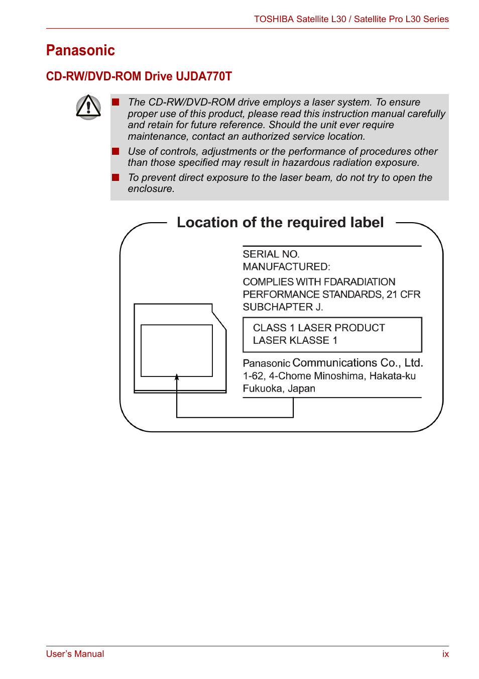 Panasonic, Cd-rw/dvd-rom drive ujda770t | Toshiba Satellite L30 (PSL33) User Manual | Page 9 / 165