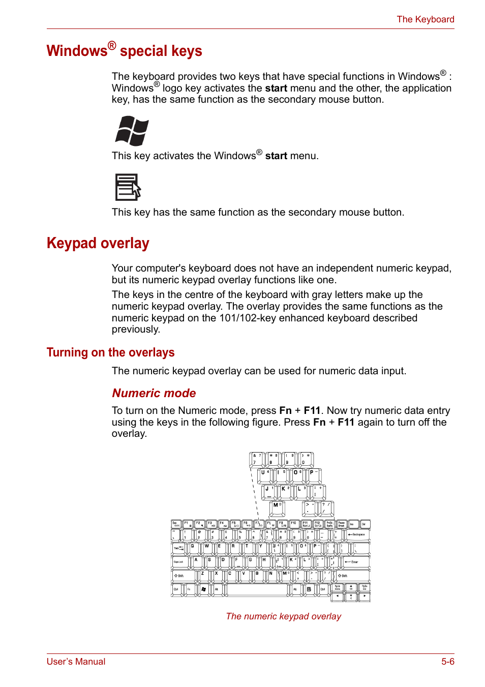 Windows® special keys, Keypad overlay, Windows® special keys -6 keypad overlay -6 | Windows, Special keys | Toshiba Satellite L30 (PSL33) User Manual | Page 90 / 165