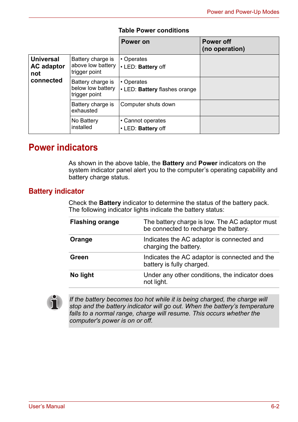 Power indicators, Power indicators -2, Battery indicator | Toshiba Satellite L30 (PSL33) User Manual | Page 93 / 165