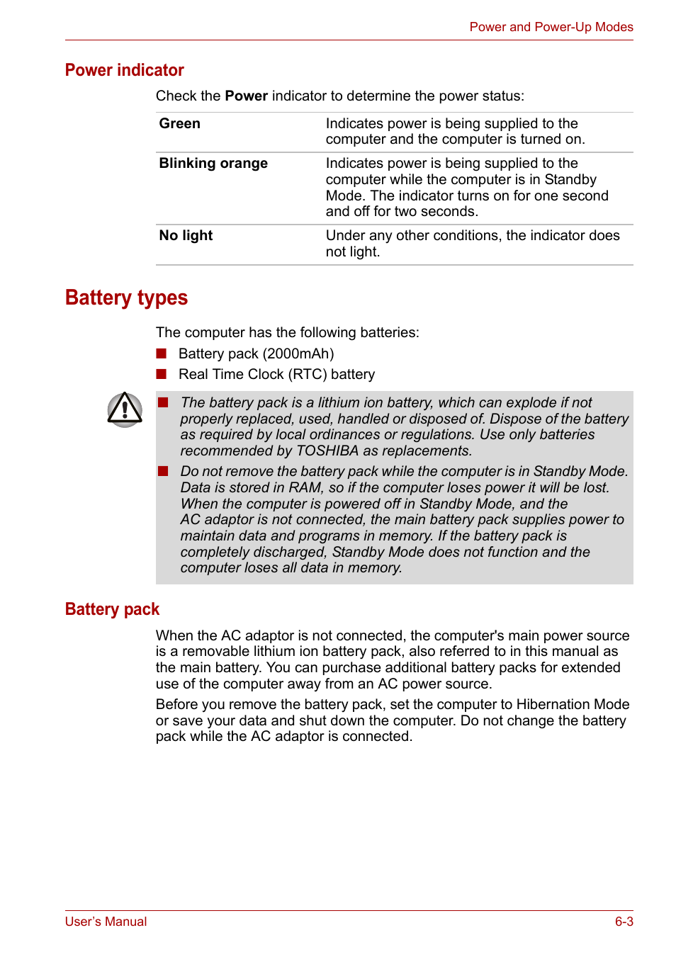 Battery types, Battery types -3, Power indicator | Battery pack | Toshiba Satellite L30 (PSL33) User Manual | Page 94 / 165