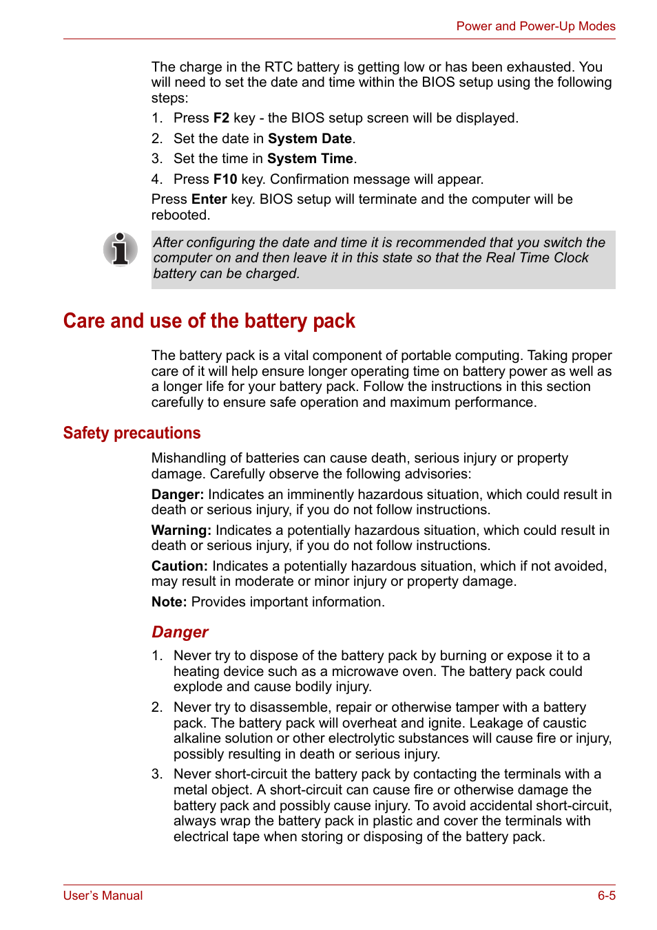 Care and use of the battery pack, Care and use of the battery pack -5, Safety precautions | Toshiba Satellite L30 (PSL33) User Manual | Page 96 / 165