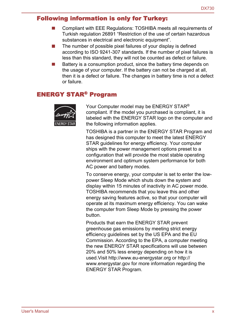 Following information is only for turkey, Energy star, Program | Toshiba Qosmio DX730 User Manual | Page 10 / 150