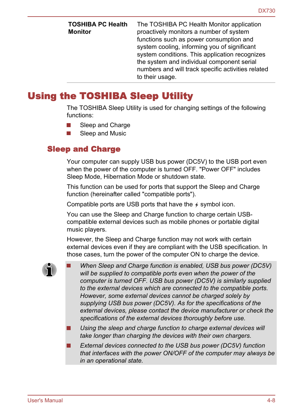 Using the toshiba sleep utility, Sleep and charge, Using the toshiba sleep utility -8 | Toshiba Qosmio DX730 User Manual | Page 102 / 150