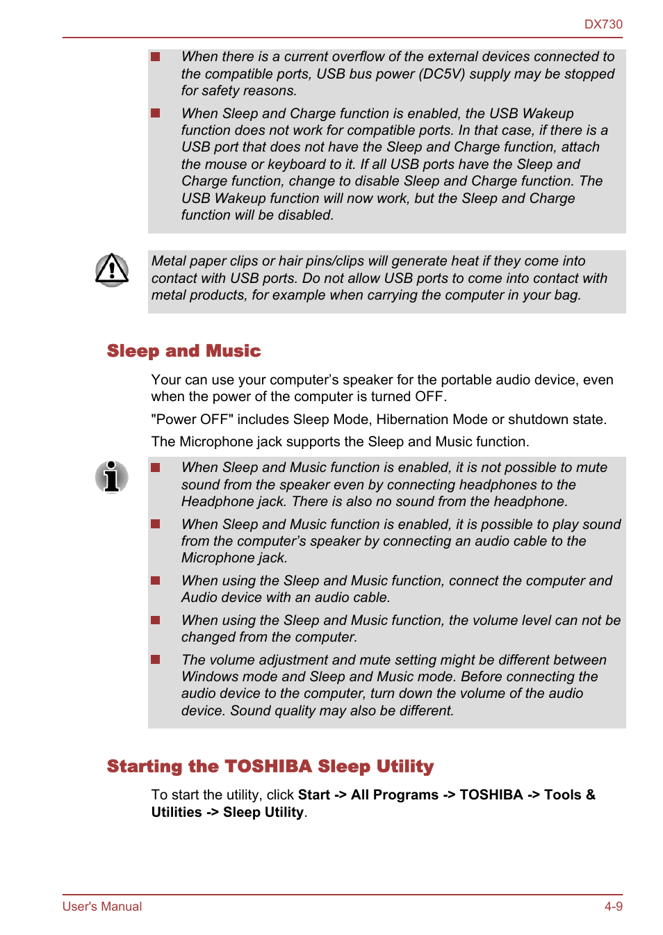 Sleep and music, Starting the toshiba sleep utility | Toshiba Qosmio DX730 User Manual | Page 103 / 150