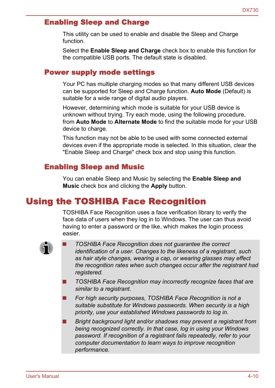 Enabling sleep and charge, Power supply mode settings, Enabling sleep and music | Using the toshiba face recognition, Using the toshiba face recognition -10, For more information, please refer to the, Using, The toshiba face recognition, Section | Toshiba Qosmio DX730 User Manual | Page 104 / 150