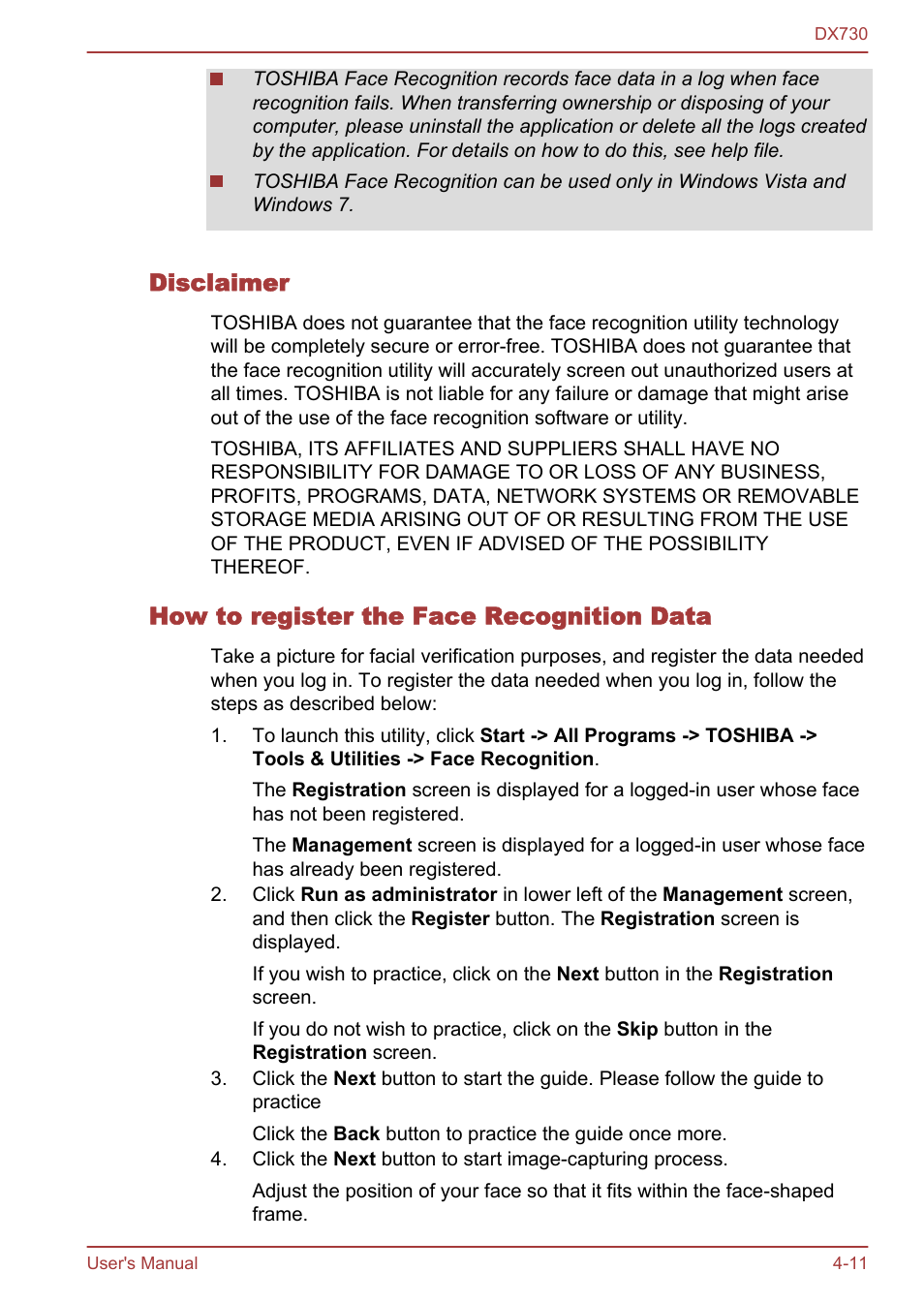 Disclaimer, How to register the face recognition data | Toshiba Qosmio DX730 User Manual | Page 105 / 150