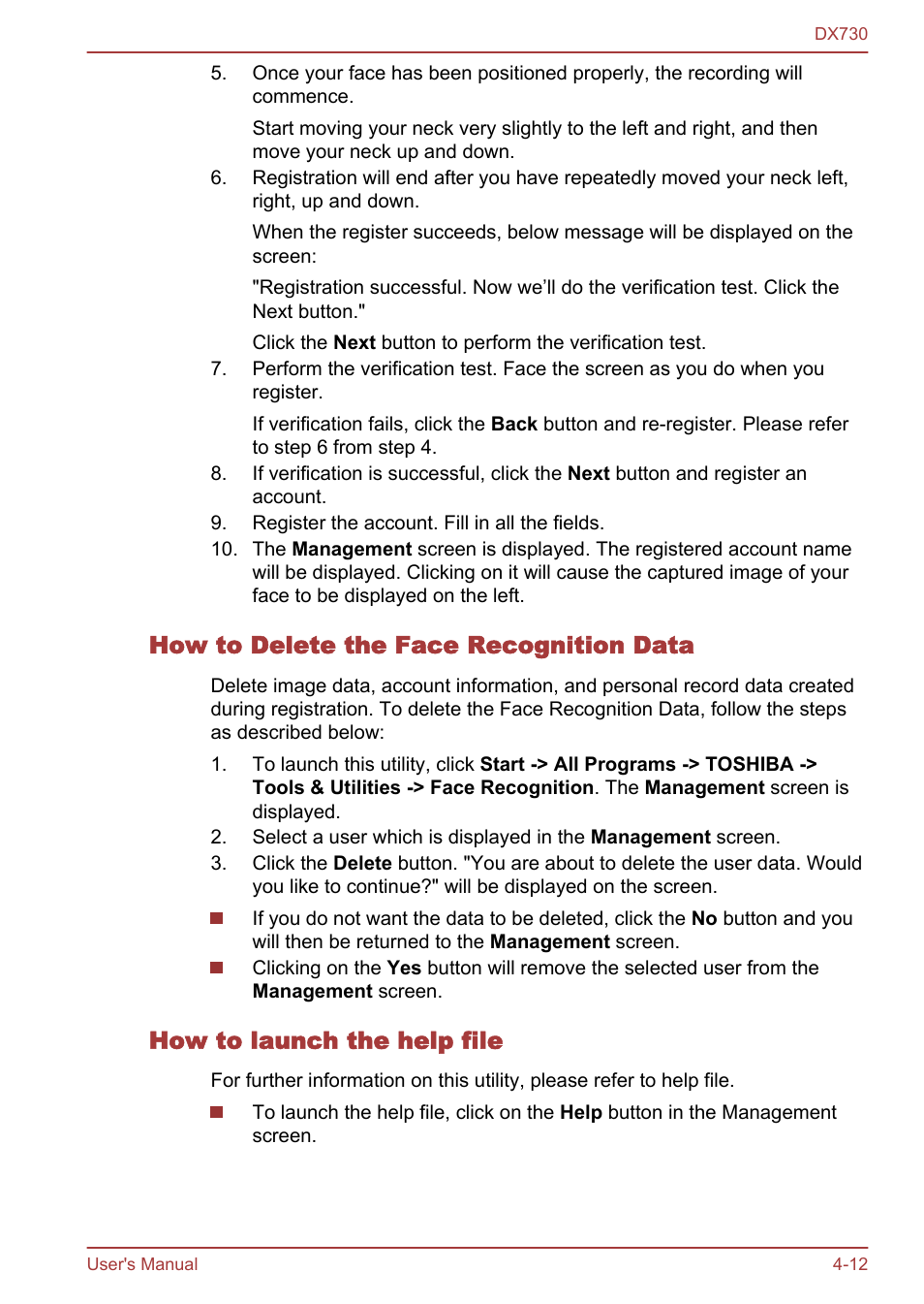 How to delete the face recognition data, How to launch the help file | Toshiba Qosmio DX730 User Manual | Page 106 / 150