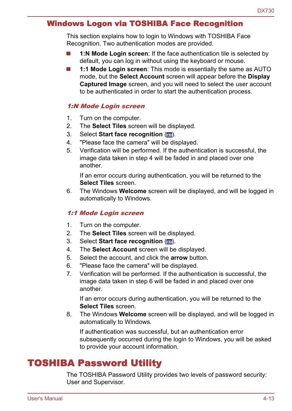 Windows logon via toshiba face recognition, Toshiba password utility, Toshiba password utility -13 | Toshiba Qosmio DX730 User Manual | Page 107 / 150