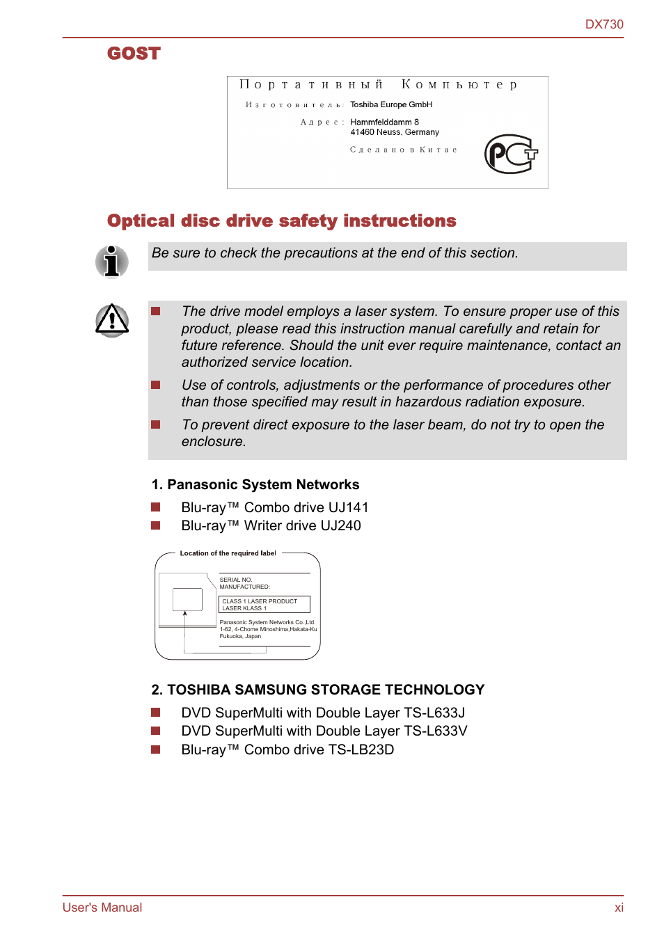 Gost optical disc drive safety instructions | Toshiba Qosmio DX730 User Manual | Page 11 / 150