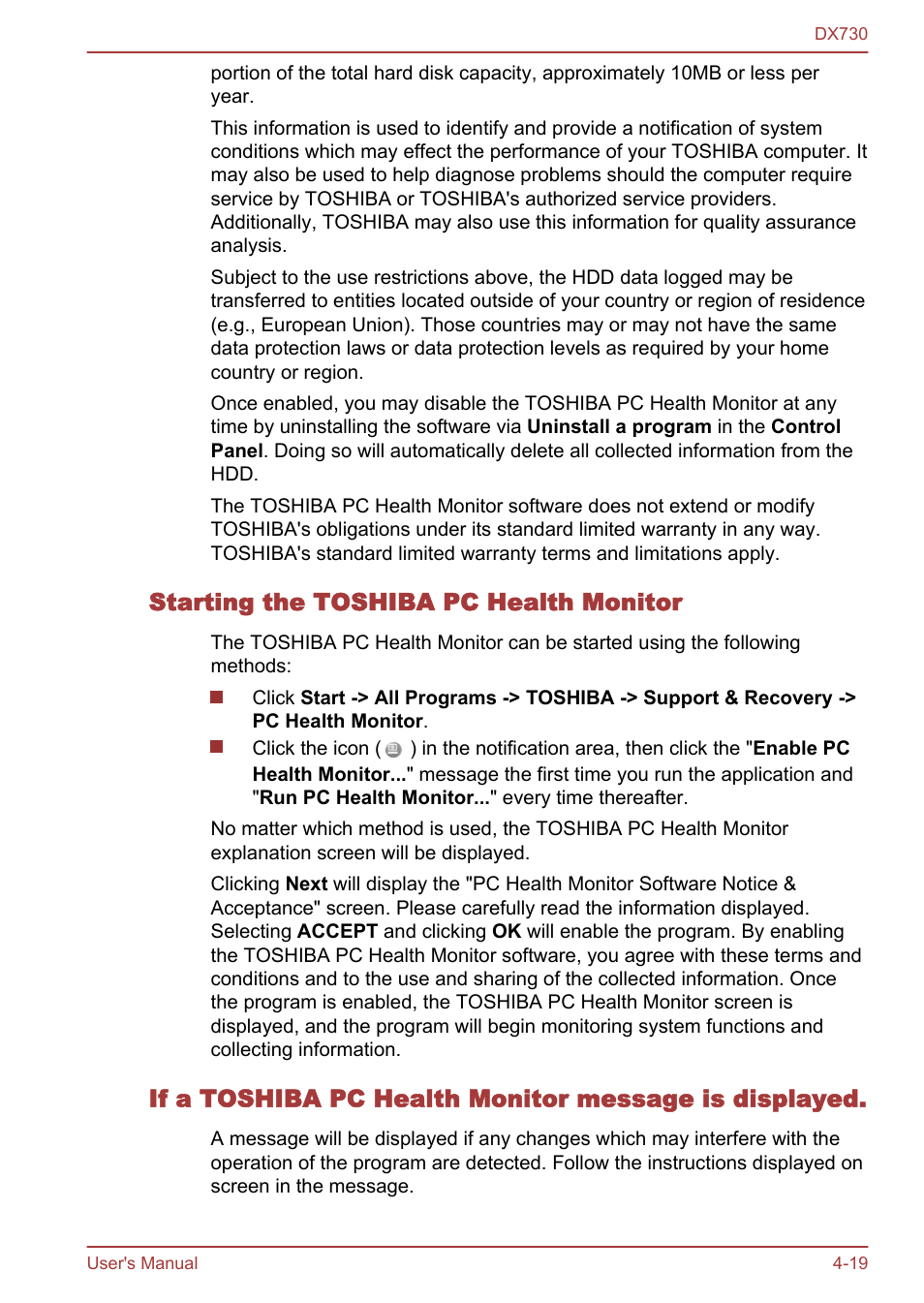 Starting the toshiba pc health monitor | Toshiba Qosmio DX730 User Manual | Page 113 / 150