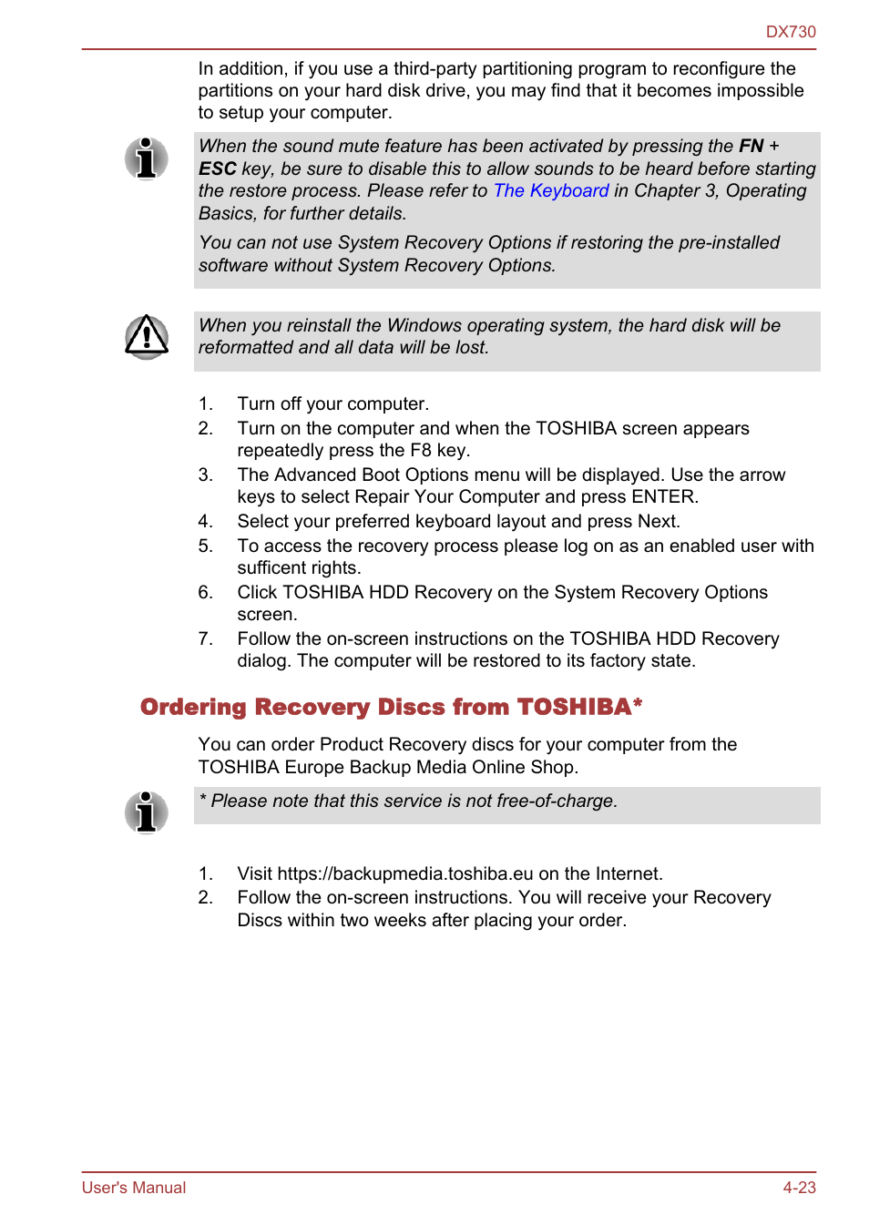 Ordering recovery discs from toshiba | Toshiba Qosmio DX730 User Manual | Page 117 / 150