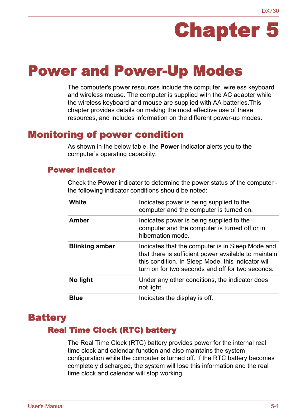 Chapter 5 power and power-up modes, Monitoring of power condition, Power indicator | Battery, Real time clock (rtc) battery, Chapter 5, Power and power-up modes, Monitoring of power condition -1 battery -1, Then indicate the status. please refer to the | Toshiba Qosmio DX730 User Manual | Page 118 / 150