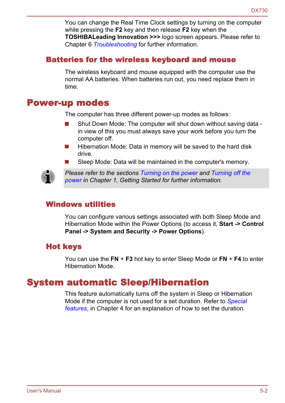 Batteries for the wireless keyboard and mouse, Power-up modes, Windows utilities | Hot keys, System automatic sleep/hibernation | Toshiba Qosmio DX730 User Manual | Page 119 / 150