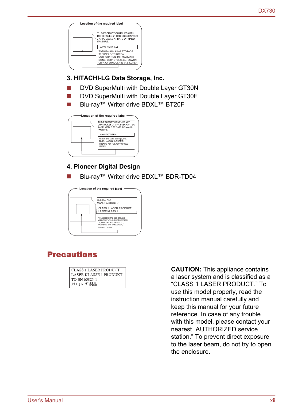 Precautions, Dx730 user's manual xii | Toshiba Qosmio DX730 User Manual | Page 12 / 150