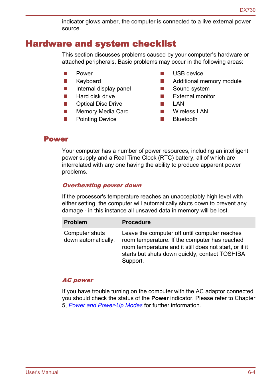 Hardware and system checklist, Power, Hardware and system checklist -4 | Toshiba Qosmio DX730 User Manual | Page 123 / 150