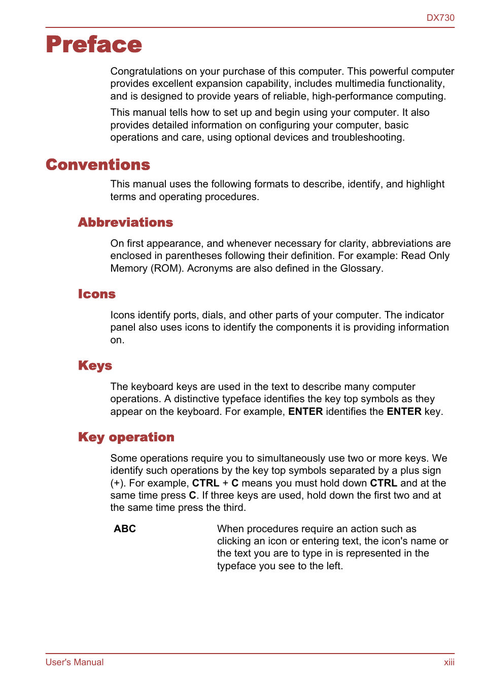 Preface, Conventions, Abbreviations | Icons, Keys, Key operation | Toshiba Qosmio DX730 User Manual | Page 13 / 150