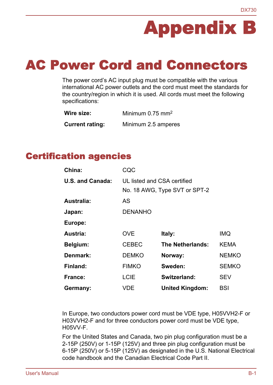 Appendix b ac power cord and connectors, Certification agencies, Appendix b | Ac power cord and connectors | Toshiba Qosmio DX730 User Manual | Page 135 / 150