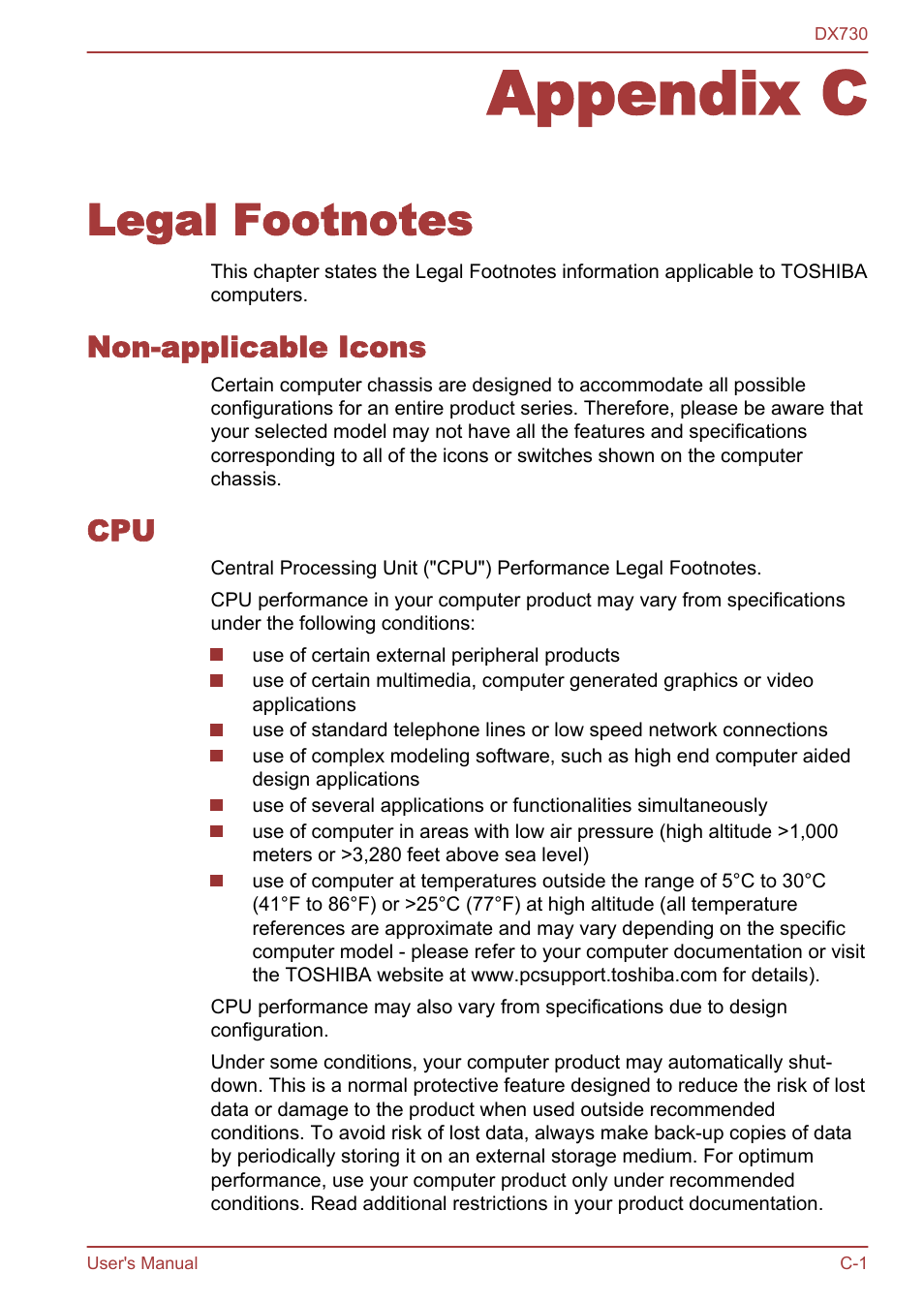 Appendix c legal footnotes, Non-applicable icons, Appendix c | Legal footnotes | Toshiba Qosmio DX730 User Manual | Page 137 / 150