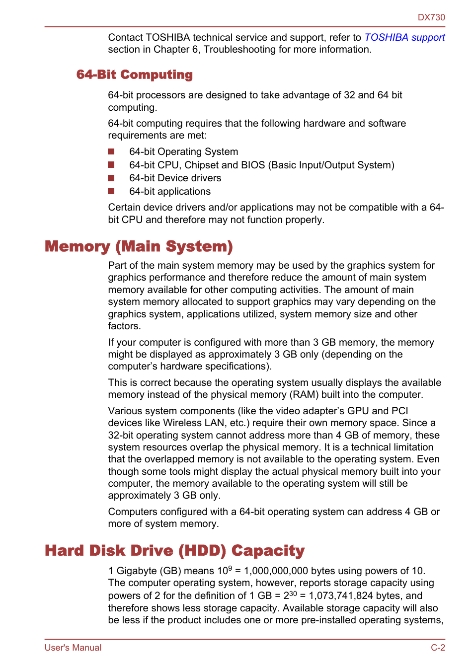 Bit computing, Memory (main system), Hard disk drive (hdd) capacity | Toshiba Qosmio DX730 User Manual | Page 138 / 150