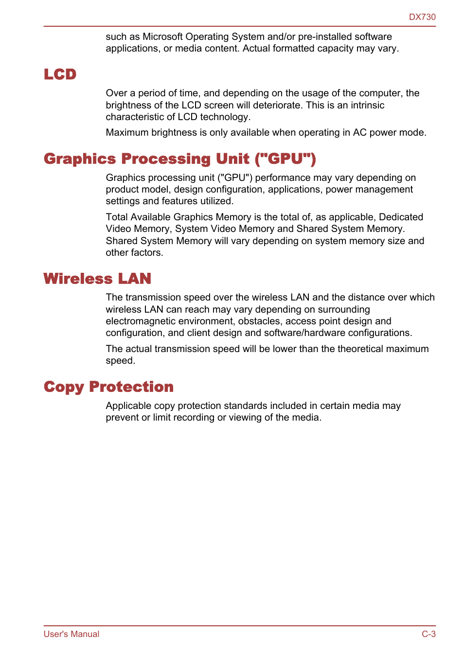 Graphics processing unit ("gpu"), Wireless lan, Copy protection | Toshiba Qosmio DX730 User Manual | Page 139 / 150