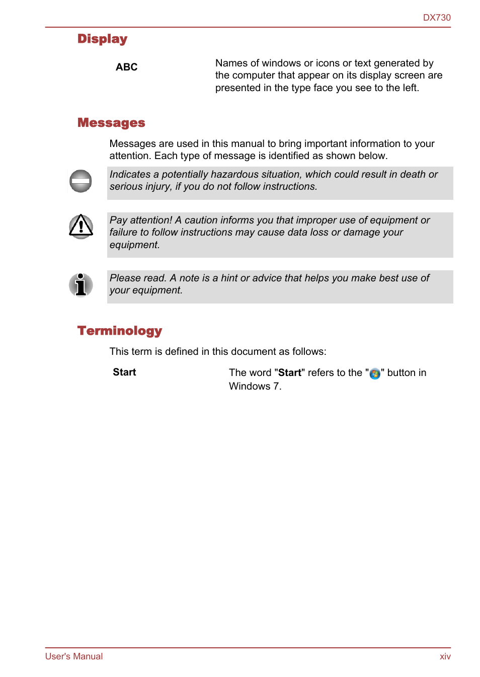 Display, Messages, Terminology | Toshiba Qosmio DX730 User Manual | Page 14 / 150