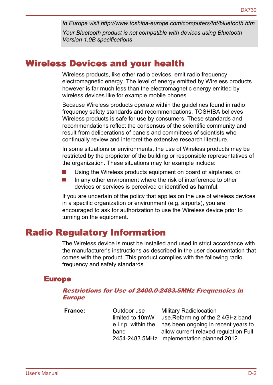 Wireless devices and your health, Radio regulatory information, Europe | Toshiba Qosmio DX730 User Manual | Page 141 / 150