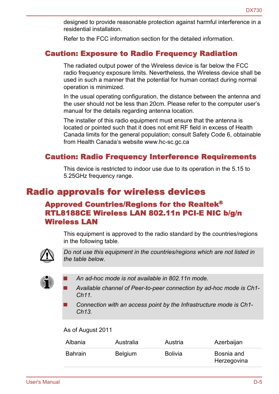 Caution: exposure to radio frequency radiation, Caution: radio frequency interference requirements, Radio approvals for wireless devices | Toshiba Qosmio DX730 User Manual | Page 144 / 150