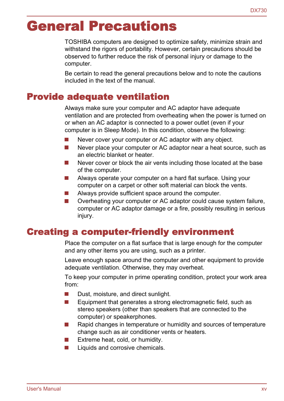 General precautions, Provide adequate ventilation, Creating a computer-friendly environment | Toshiba Qosmio DX730 User Manual | Page 15 / 150