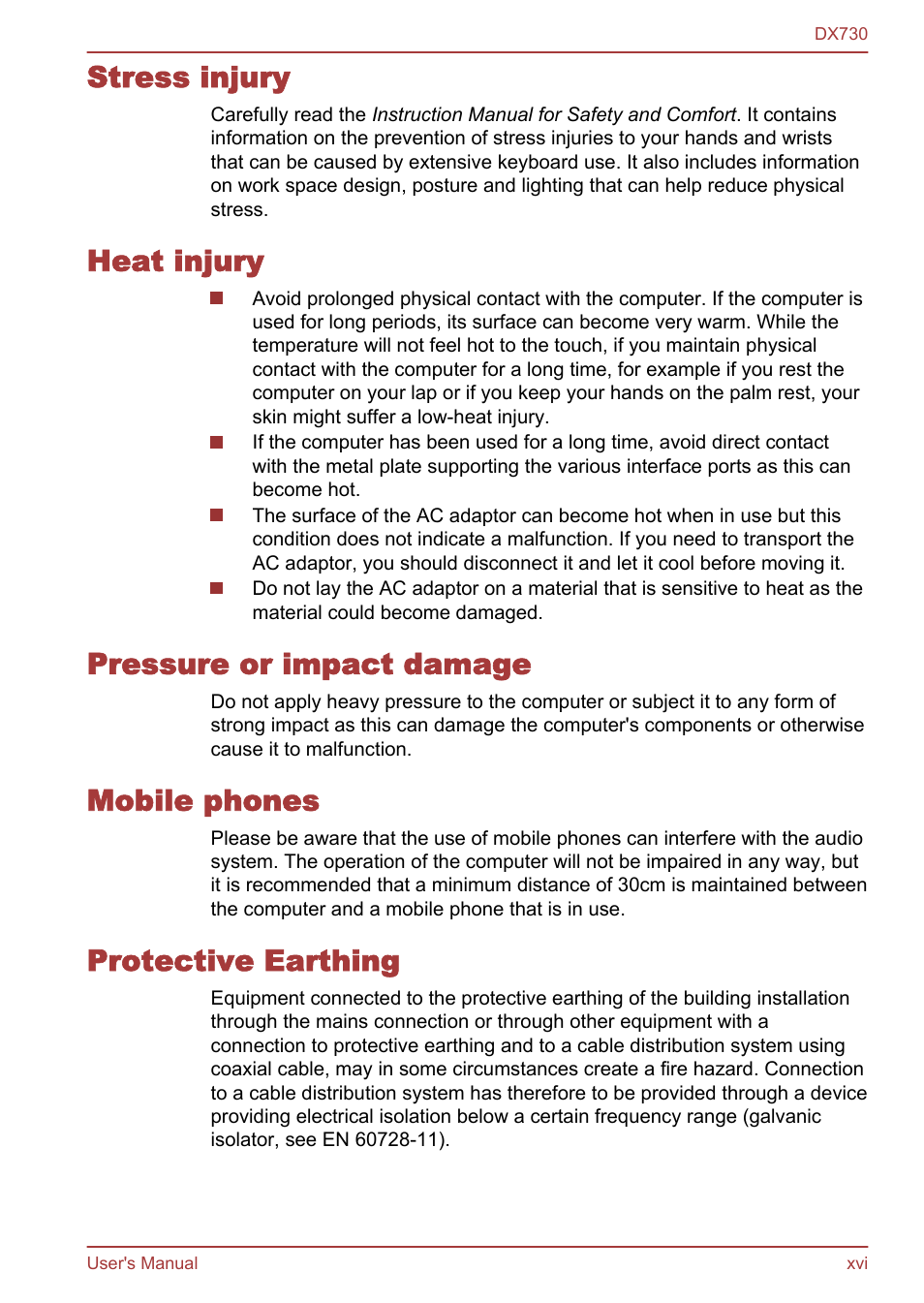 Stress injury, Heat injury, Pressure or impact damage | Mobile phones, Protective earthing | Toshiba Qosmio DX730 User Manual | Page 16 / 150