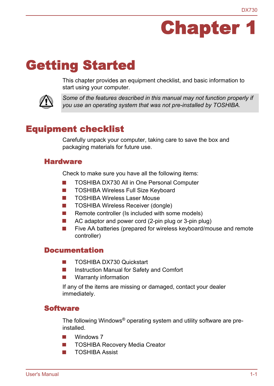 Chapter 1 getting started, Equipment checklist, Hardware | Documentation, Software, Chapter 1, Getting started, Equipment checklist -1 | Toshiba Qosmio DX730 User Manual | Page 18 / 150