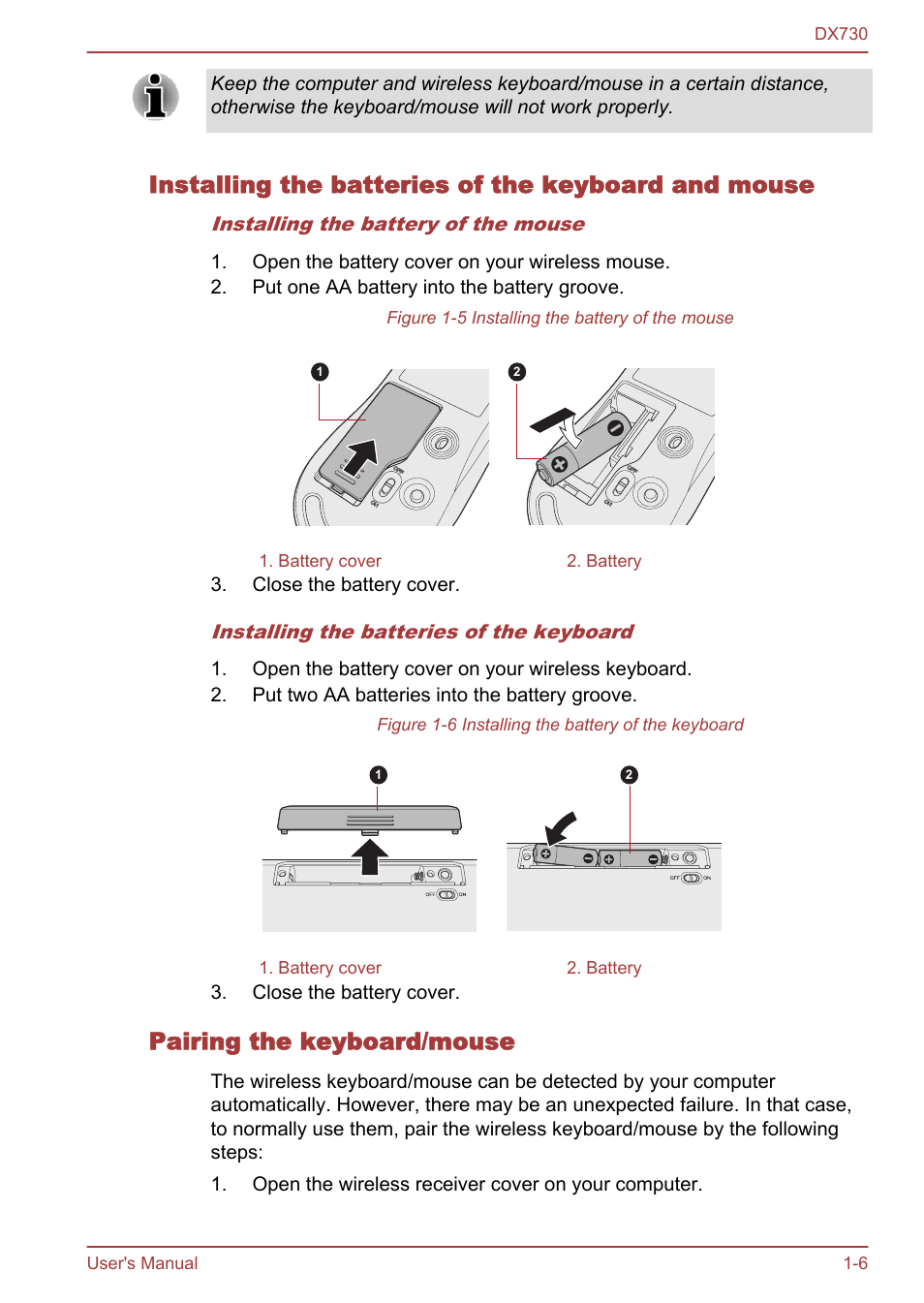 Installing the batteries of the keyboard and mouse, Pairing the keyboard/mouse | Toshiba Qosmio DX730 User Manual | Page 23 / 150